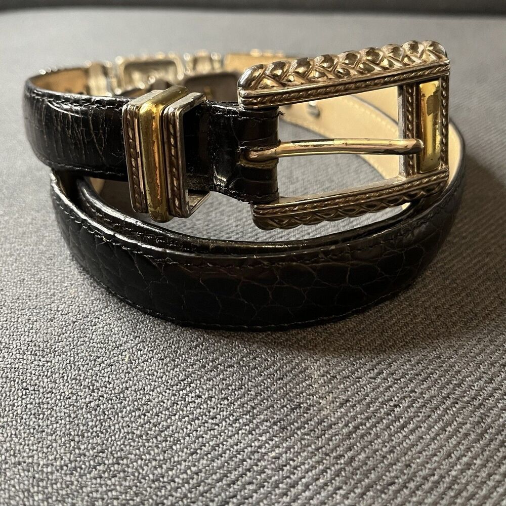 Vintage Brighton 44203 Black Leather Croc Belt Mixed Metal Gold Silver Concho L